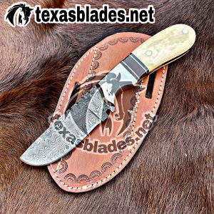 7" Cowboy knife Made With Damascus Steel With Bone, Wood and Steel Bolster Handle...